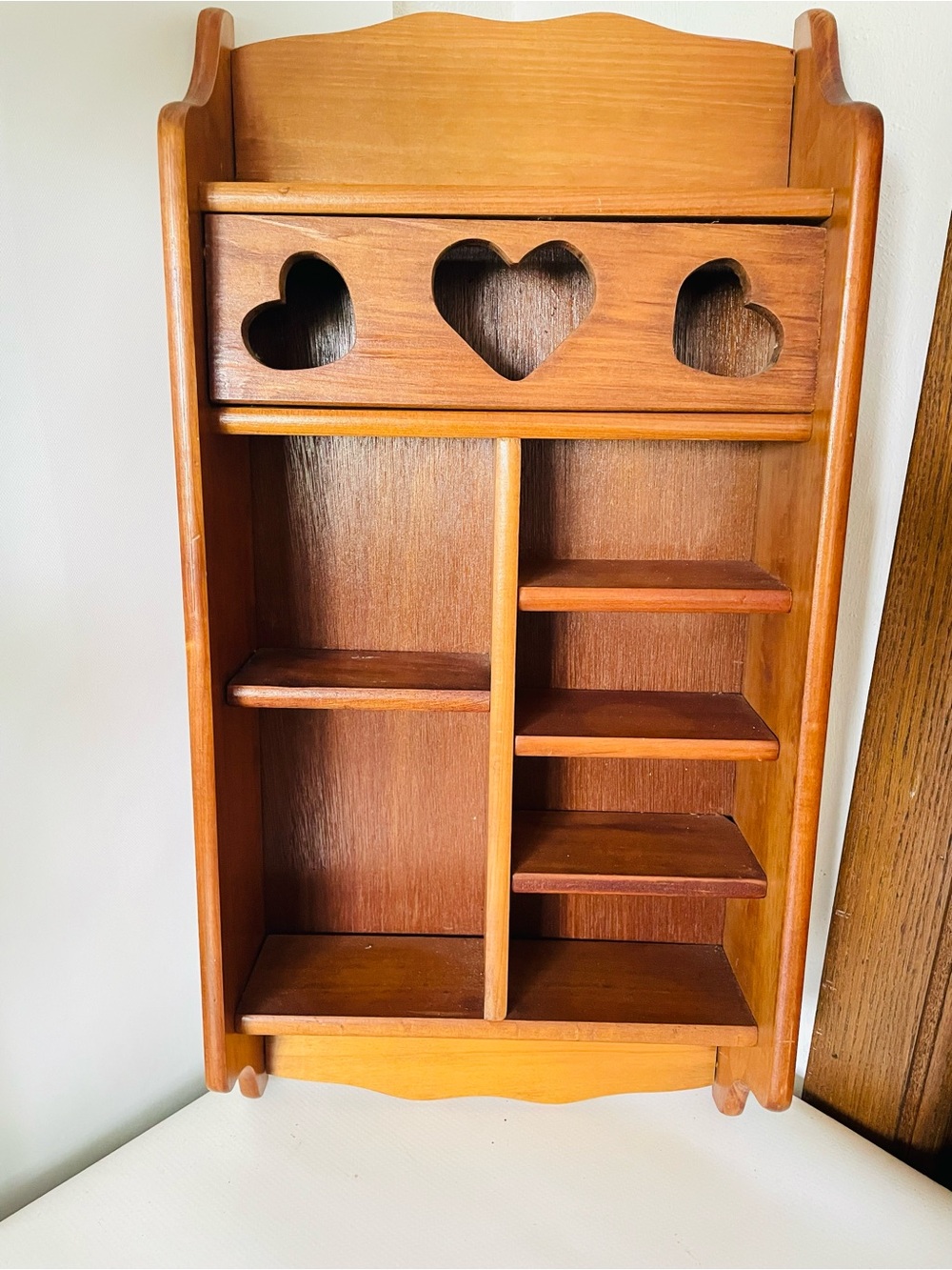 Vintage Wooden Wall Organizer Shelf with Heart Cutouts - Brown Cottagecore